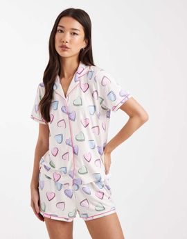 Urban Threads Urban Threads jersey camp collar top and shorts pajama set in candy hearts multi print