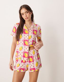 Urban Threads Urban Threads jersey camp collar top and shorts pajama set in pink and yellow lemon print