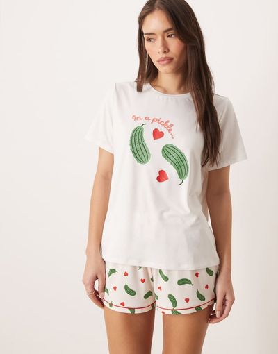 Urban Threads Urban Threads jersey t-shirt and shorts pajama set in pickle heart print-Multi