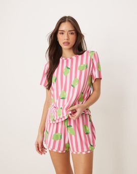 Urban Threads Urban Threads jersey T-shirt and shorts pajama set in pink stripe lime print