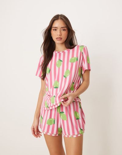 Urban Threads Urban Threads jersey T-shirt and shorts pajama set in pink stripe lime print