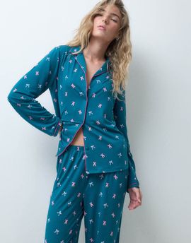 Urban Threads Urban Threads long sleeve button up shirt and pants pajama set in teal bow print-Green