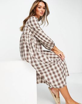 Urban Threads Urban Threads midi smock dress in brown check