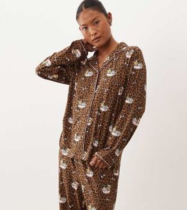 Urban Threads Urban Threads Petite long sleeve button up shirt and pants pajama set in leopard teddy in bath print-Brown