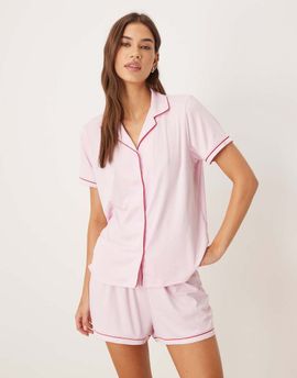 Urban Threads Urban Threads ribbed camp collar shorts pajama set in pink with red piping