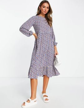Urban Threads Urban Threads tiered midi smock dress in 70s floral print-Multi