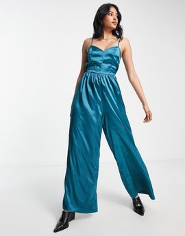Urban Threads Urban Threads wide leg cami strap satin jumpsuit in teal-Blue