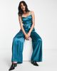 Urban Threads Urban Threads wide leg cami strap satin jumpsuit in teal-Blue - 4