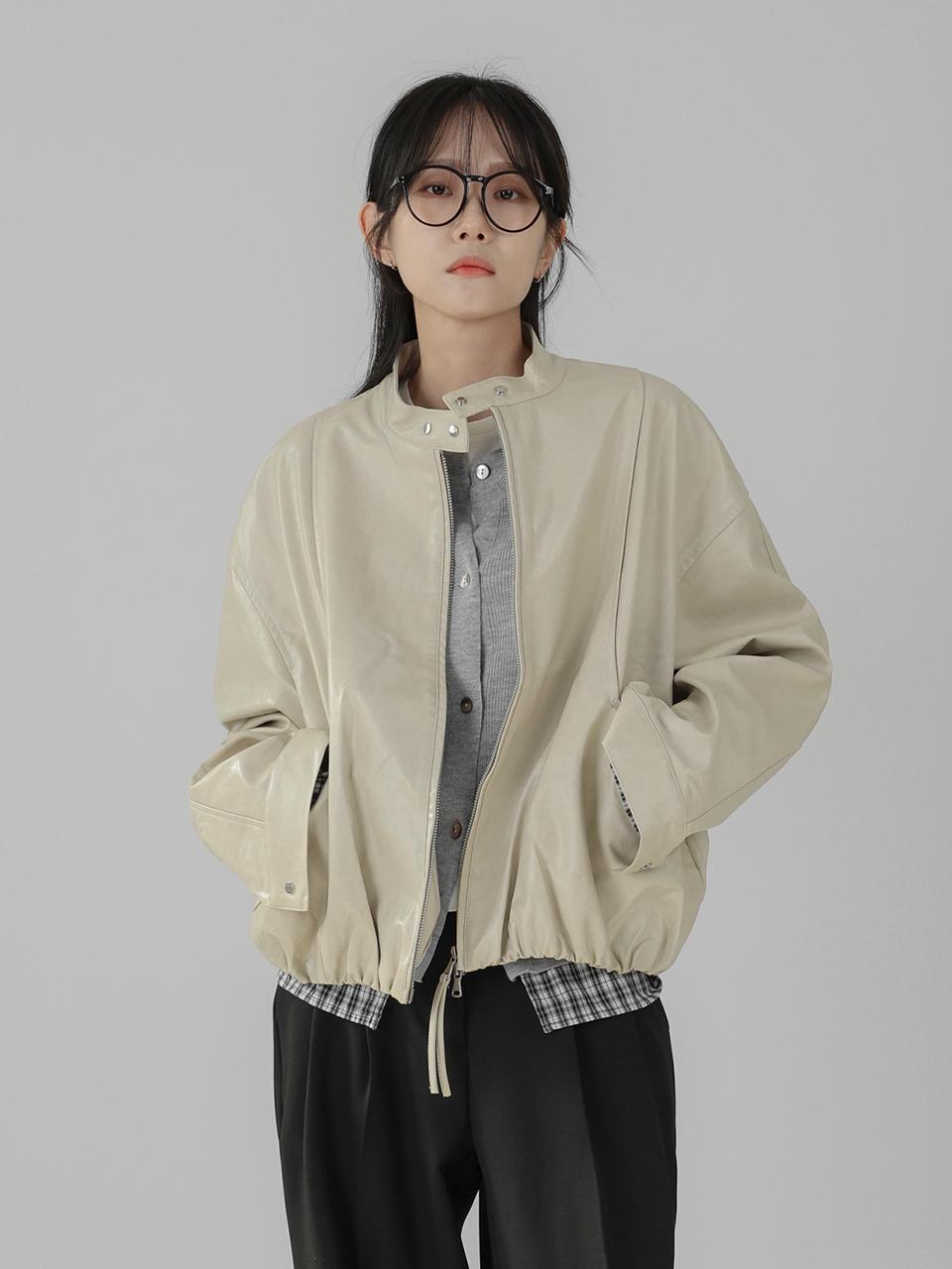 URBANIA Crema Collarless Overfit Leather Blouson Jacket (DDT0190)