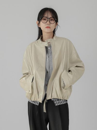 URBANIA Crema Collarless Overfit Leather Blouson Jacket (DDT0190)