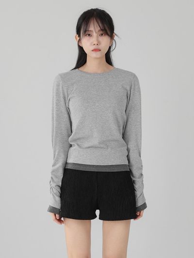 URBANIA Layered Shirring Round Neck Long Sleeve T-shirt (DDT0198)