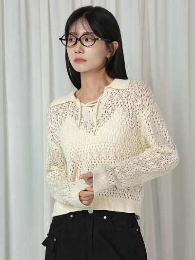 URBANIA Lowne Collar Perforated Knit Sweater (DDT0274)