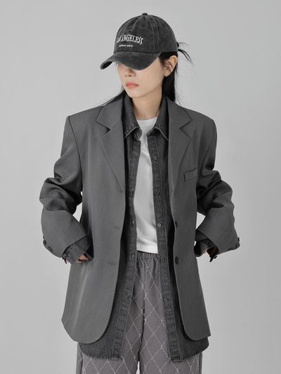 URBANIA Porteo Shoulder Pads Button-up Single Collar Overfit Blazer (DDT0189)
