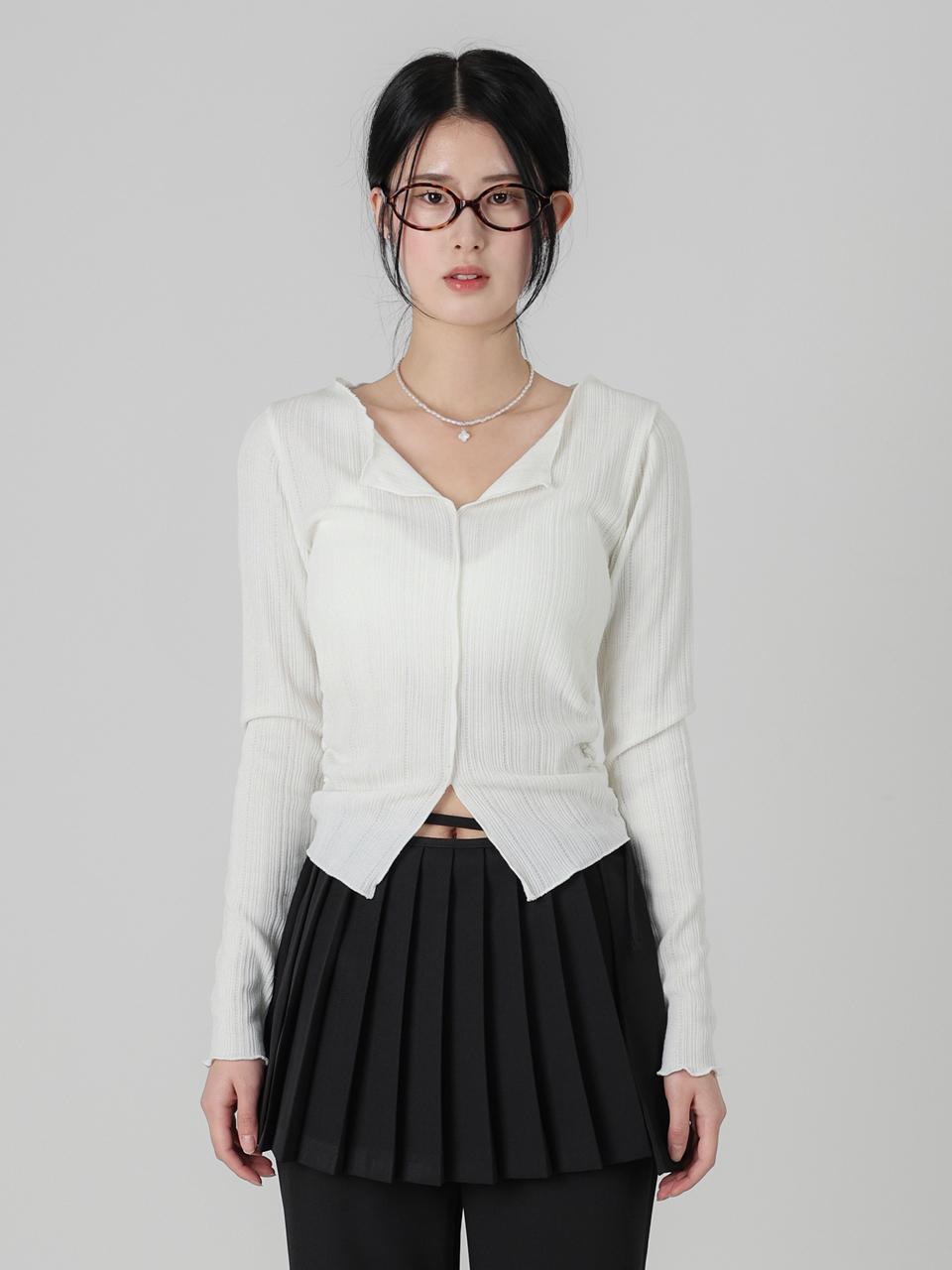URBANIA Ribbed Shirring Crop Open Collar T-shirt (DDT0203)