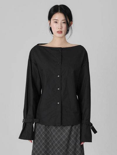 URBANIA Slash Neck Sleeve Belt Cotton Slim Fit Blouse (DDT0187)