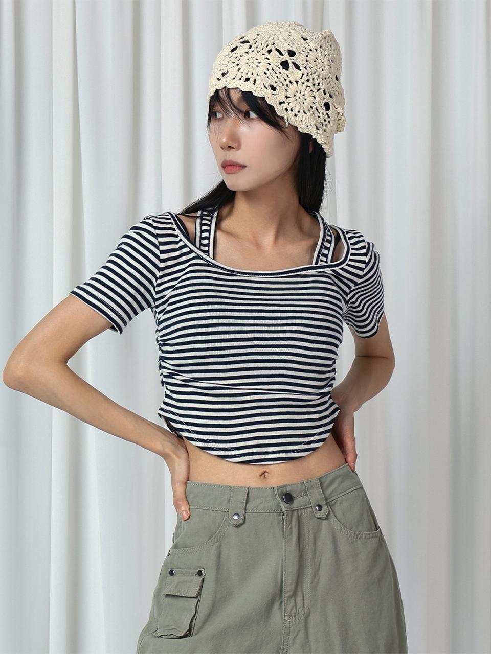 URBANIA Tiona Halter Neck Striped Short Sleeve T-shirt (DDT0270)