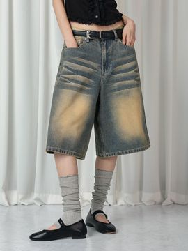 URBANIA Toonia Cat Brush Bermuda Washed Denim Pants (DDP0141)