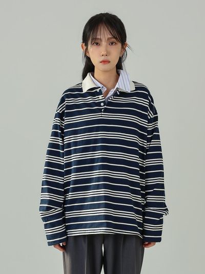 URBANIA ZEMORE Striped Collar Long Sleeve Rugby Pique Overfit Casual T-shirt (DDT0183)