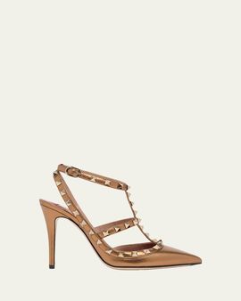 Valentino Garavani 100mm Rockstud Metallic Leather Ankle-Strap Pumps