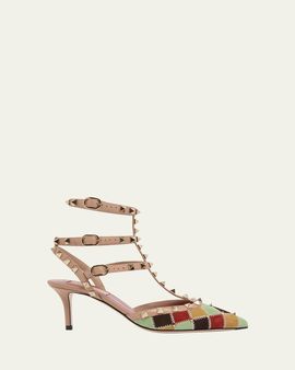 Valentino Garavani 100mm Rockstud Patchwork Suede Ankle-Strap Pumps
