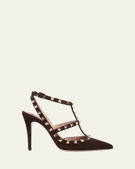 Valentino Garavani 100mm Rockstud Suede Ankle-Strap Pumps