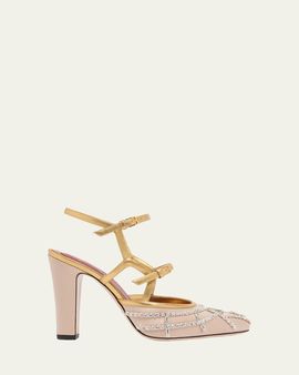 Valentino Garavani 100mm VLogo Embellished Satin and Metallic Leather Pumps