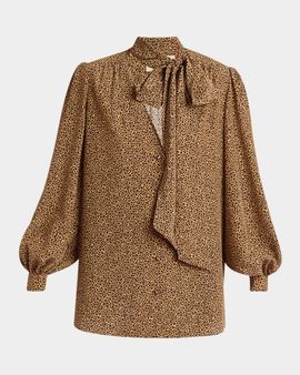 Valentino Garavani Animal-Print Silk Neck-Scarf Balloon-Sleeve Shirt