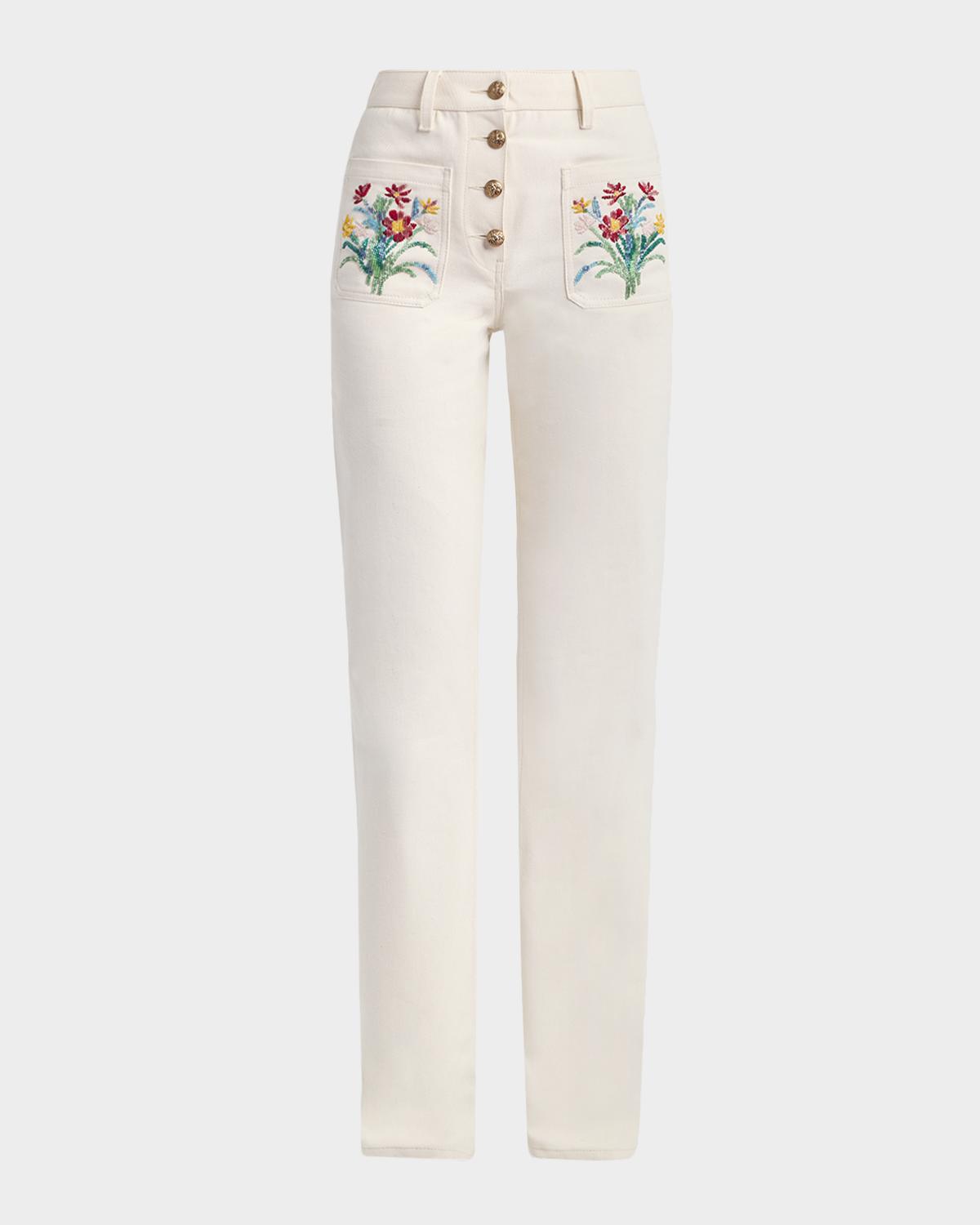 Valentino Garavani Beaded Front Pocket Straight-Leg Jeans