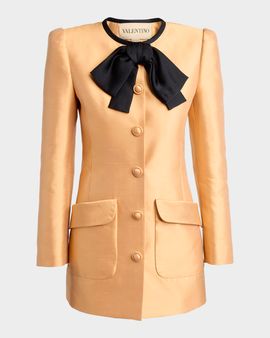 Valentino Garavani Bow-Neck Mikado Silk Single-Breasted Coat