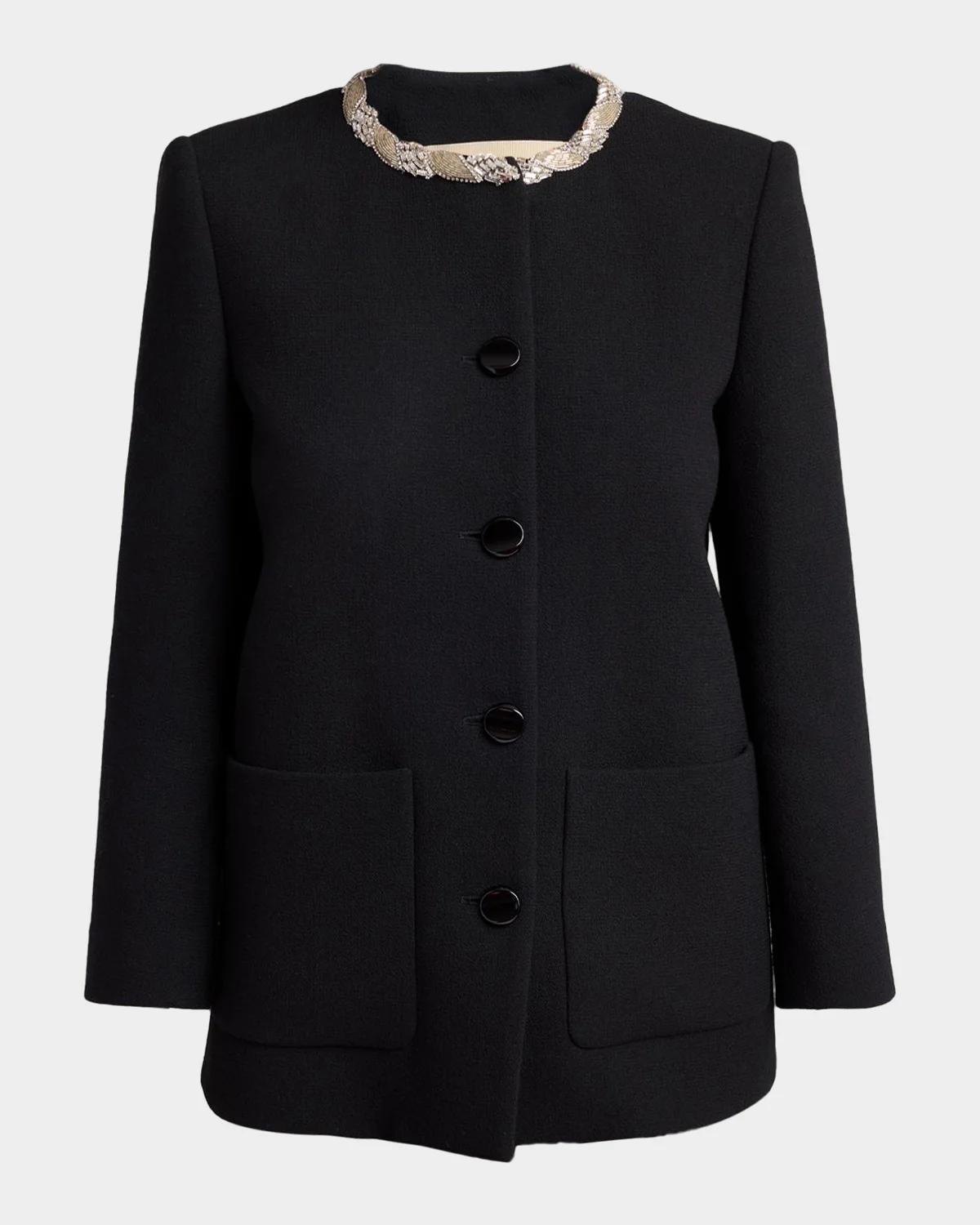 Valentino Garavani Crystal Embroidered Collarless Single-Breasted Coat