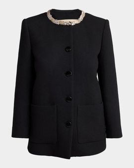 Valentino Garavani Crystal Embroidered Collarless Single-Breasted Coat