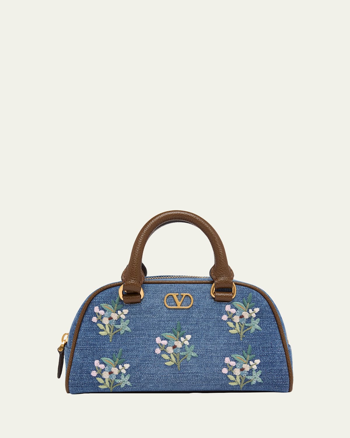 Valentino Garavani - Floral-Embroidered Denim VLogo Top-Handle Bag
