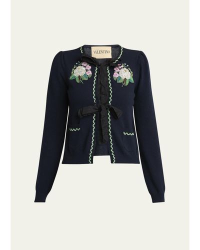 Valentino Garavani Floral Embroidered Bow-Tie Wool Cardigan