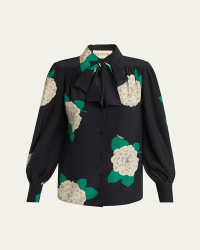 Valentino Garavani Floral Print Tie-Neck Silk Blouse