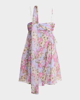 Valentino Garavani Floral Silk Georgette Mini Babydoll Dress With Neck Scarf