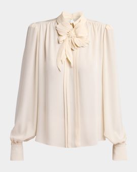 Valentino Garavani Flower Applique Silk Collared Top