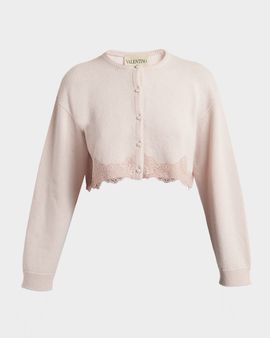 Valentino Garavani Lace-Trim Crop Crewneck Cardigan