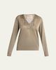 Valentino Garavani Lace-Trim Metallic Knit V-Neck Sweater - 1