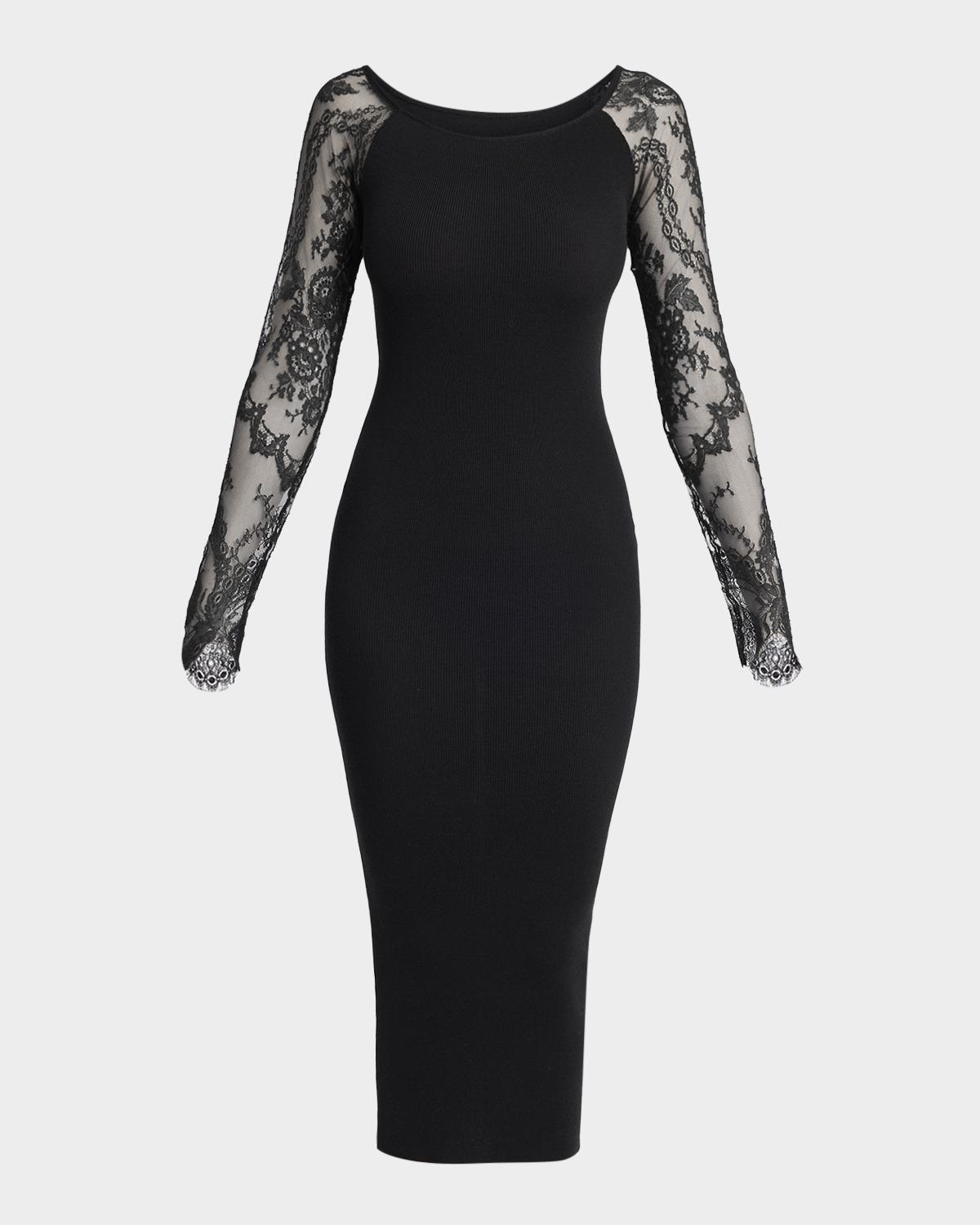 Valentino Garavani Lace Long-Sleeve Rib Midi Dress