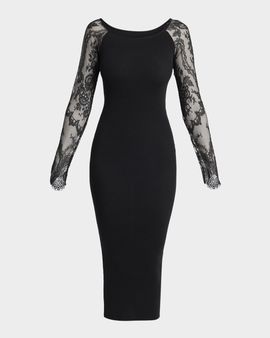Valentino Garavani Lace Long-Sleeve Rib Midi Dress