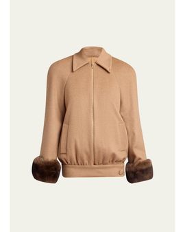 Valentino Garavani Lamb Shearling Cuffs Brushed Camel Zip Jacket