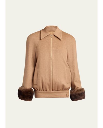 Valentino Garavani Lamb Shearling Cuffs Brushed Camel Zip Jacket