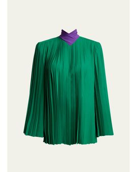 Valentino Garavani Mock-Neck Pleated Silk Long-Sleeve Top
