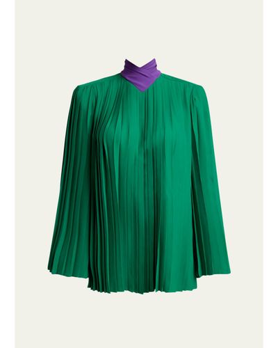 Valentino Garavani Mock-Neck Pleated Silk Long-Sleeve Top