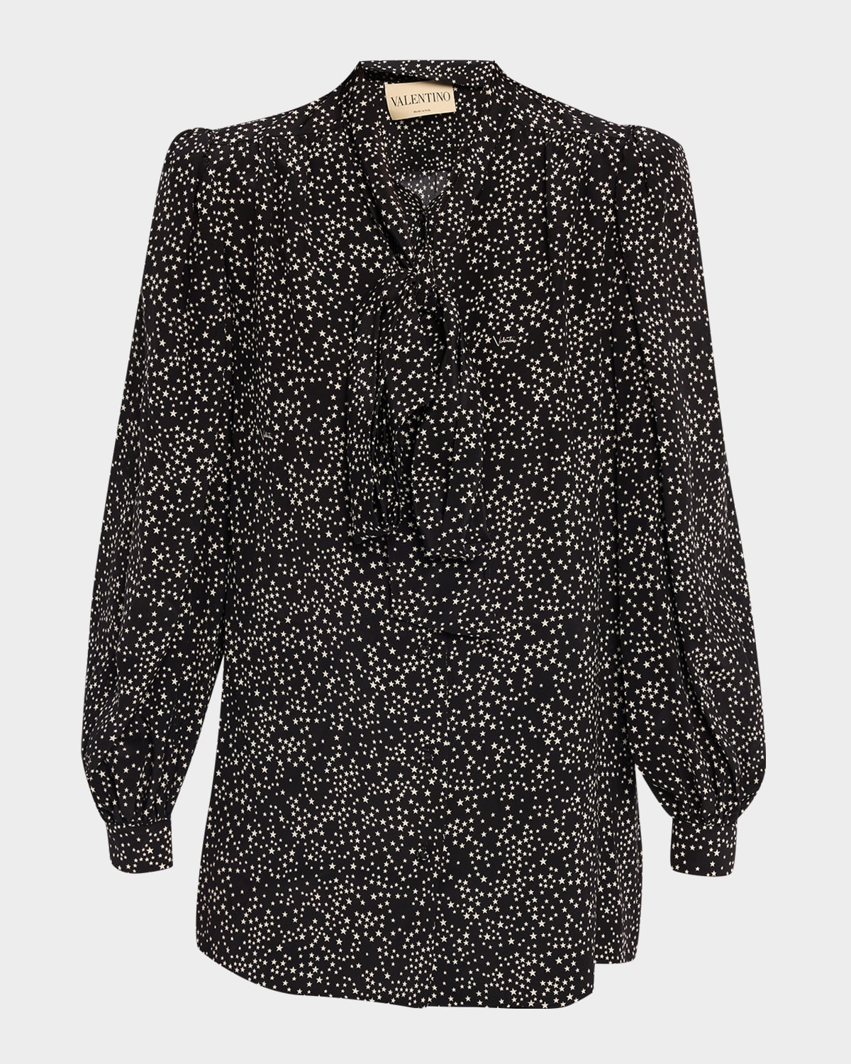 Valentino Garavani Neck-Scarf Star Silk Puff-Sleeve Blouse