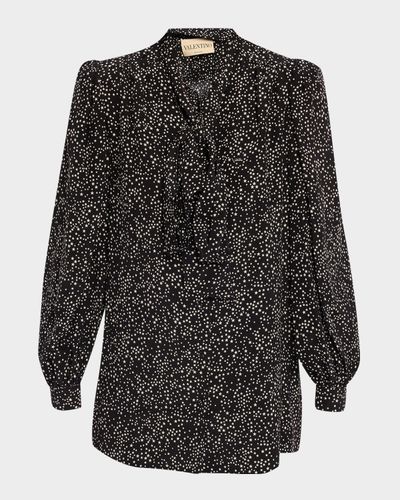 Valentino Garavani Neck-Scarf Star Silk Puff-Sleeve Blouse