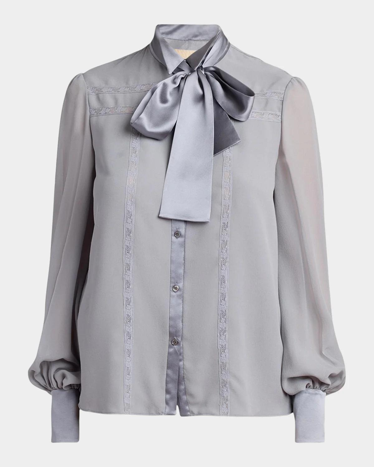 Valentino Garavani Pussy-Bow Collar Silk-Blend Lace Shirt