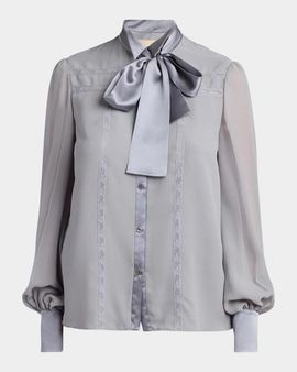 Valentino Garavani Pussy-Bow Collar Silk-Blend Lace Shirt