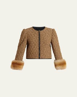 Valentino Garavani Quilted Spotted Silk Jacket with Lamb Shearling Cuffs