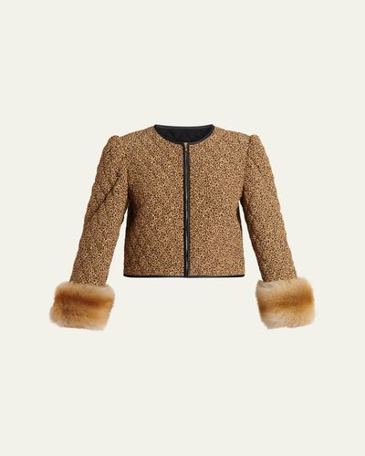 Valentino Garavani Quilted Spotted Silk Jacket with Lamb Shearling Cuffs
